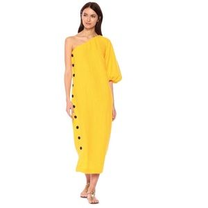 One-Shoulder Yellow Dress with Black Button Accents